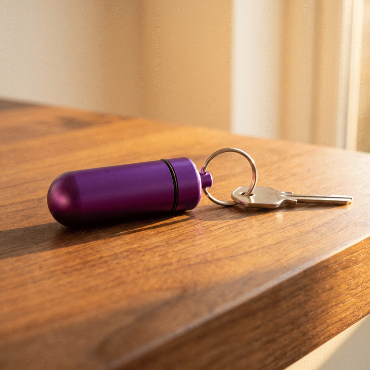 The free on-the-go softgel case: closed on your keys, opened with two softgels, picked up to go