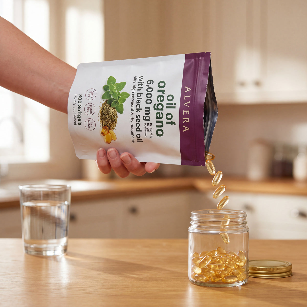 Pouring Alvera softgels from the pouch into a glass jar