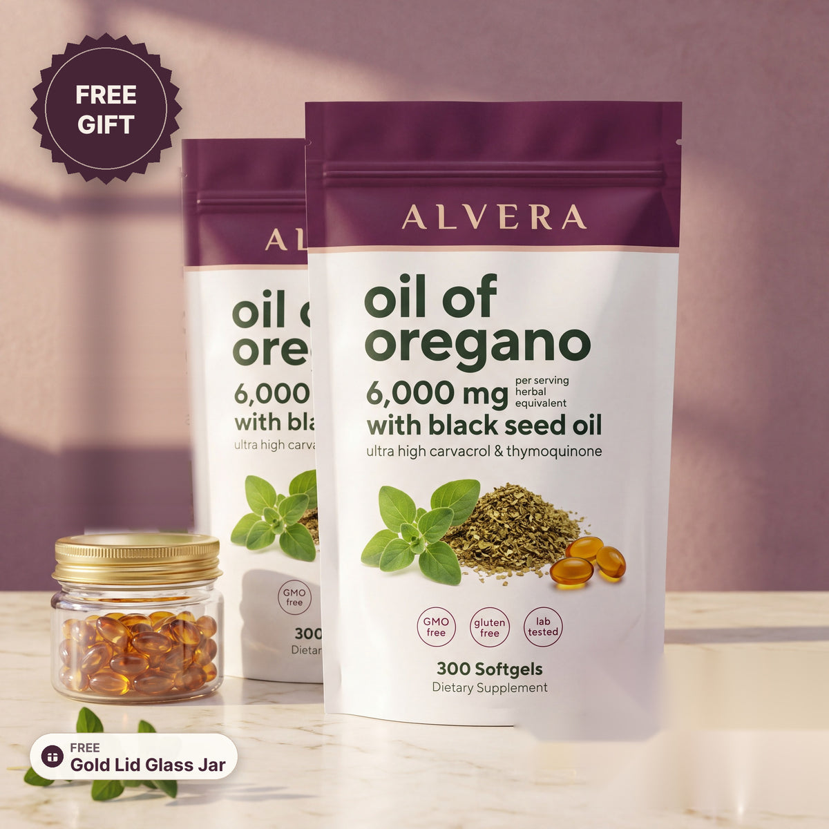 Two pouches of Alvera Oil of Oregano with the free Gold Lid Glass Jar
